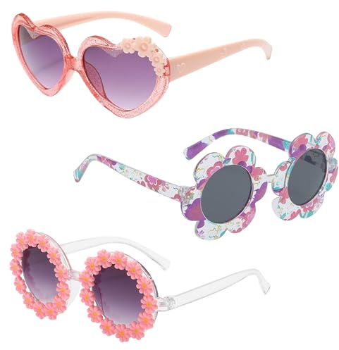 KUBDPQOR Kinder Sonnenbrille Set Mädchen Mode UV-Schutz 3 Stück Herzform Blume Rundes Design Bunt