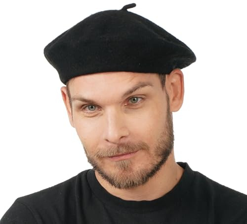 Chaks - béret pour adulte, style français classique, béret en laine, chapeau de peintre pour carnaval, fête à thème, Noir
