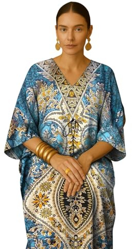 PMOYO Women Kaftan Tunic Long Caftan, Bohemian Design Maxi Dress Kimono Style, V-Neck Drawstring Waist Party Dress, Loungewear, Holidays Nightwear, Beach Cover Up Free Size (Turquoise)