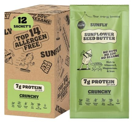 SUNFLY Crunchy Sunflower Seed Butter – 12 Sachets (12 x 32g) | Nut-Free, Vegan, High-Protein | Allergen-Free, No Palm Oil | Plant-Based Peanut Butter Alternative, On-the-Go Spread