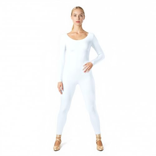 Wildarms Adult Crew Neck Zip One Piece Unitard Full Body Leotard Bodycon Jumpsuit for Women (White,S)