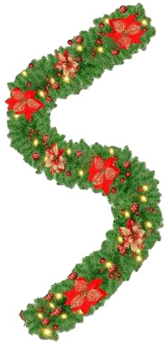 Décorations de Noël Guirlande 2.7m avec Fleurs Rouges et Dorées, Boules Rouges - Décoration Murale/Porte/pour Arbre de Noël - Nécessite 3 Piles AA (Non Incluses)