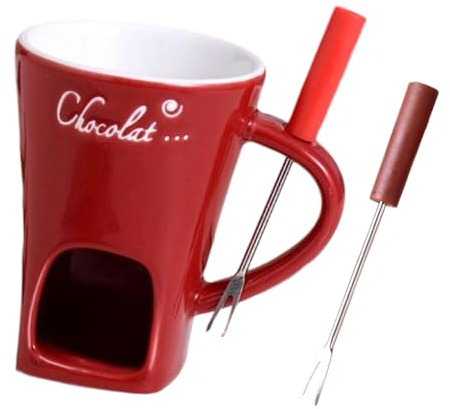 FytStycale Fondue Chocolat Bougie, Mug à Fondue au Chocolat en Céramique, Pot de Fonte 130ML pour Réchauffer Chocolats, Beurre et Fromage, Idéal Maison et Fêtes, Rouge avec 2 Fourchettes