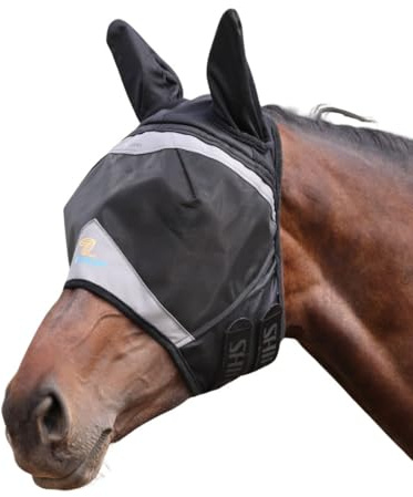 Shires FlyGuard Pro Fine Mesh Fly Mask with Ears – Extra Full Size | Lightweight Breathable Mesh Fly & Insect Protection | Secure Fit for Turnout, Grazing & Stable Use | Jet Colour