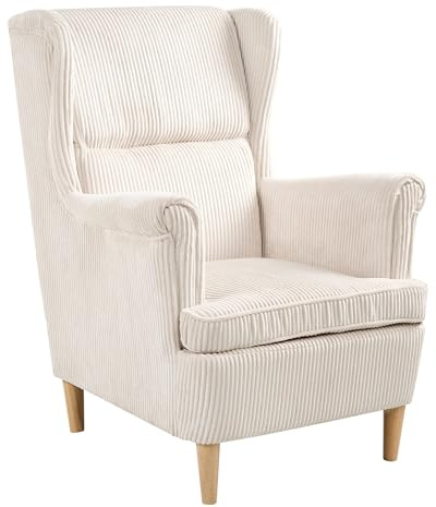 Beliani Fauteuil à Dossier Classique en Velours Côtelé Rembourré Pieds en Bois Beige Clair Abson
