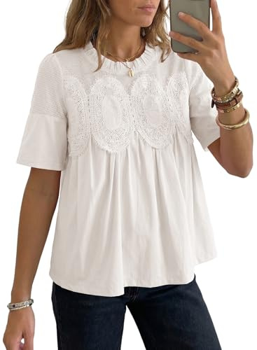 Dokotoo Women's Lace Flared Short Sleeve Blouse Lace Ruffle Mesh Crew Neck Swing Babydoll Tops Elegant Loose Shirts Textured Embroidered Shirts White Small
