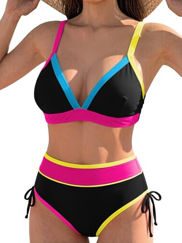 JFAN Costume da Bagno Donna Due Pezzi Push Up Imbottito Reggiseno Sexy Bikini Blocchi di Colore Abiti da Spiaggia Brasiliana Costumi da Bagno Estivi Vita Alta Beachwear,Nero e Blu L