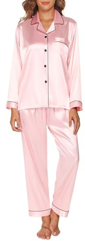 GAESHOW Sommarpyjamas av satin för dam, tvådelad, kortärmad silkespyjamas med knappar, långa byxor, mjukt, bekvämt pyjamasset, storlekar S–XL