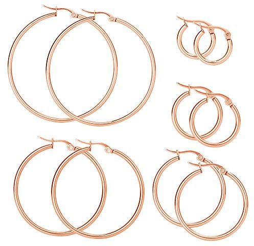 Elicola 5 Pairs Stainless Steel Hypoallergenic Large Hoop Earring Sets for Women Girl Rose Gold