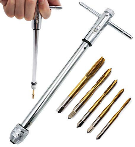 QISF 5 Stück HSS Gewindebohrer | Handgewindebohrer | Schälanschnitt Titan Handwerker Satz | M3 M4 M5 M6 M8 Gewindeschneider | mit verstellbaren Verlängern Gewindebohrer Windeisen Schraubenschlüssel