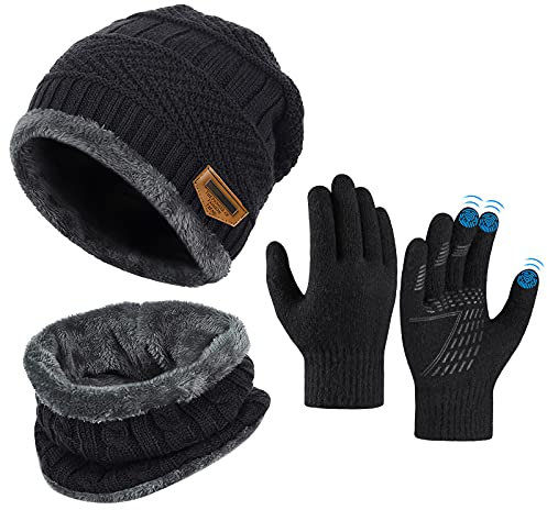 OOPOR Kinder Wintermütze Schal Touchscreen Handschuhe Set - Beanie Strickmütze Winterschal Thermo Fleecefutter Warme Knit Hut Loop Rutschfeste für Junge Mädch 5-10 Jahre