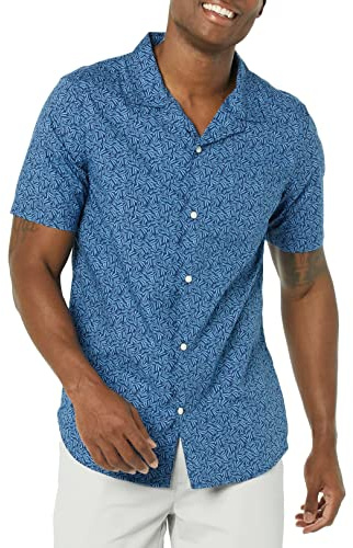 Amazon Essentials Men's Vacation Cotton Button-Down Short Sleeve Resort Shirt, Navy Palm Leaf Print, Large