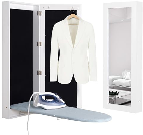 GLSCASA Slim Wall Mounted Ironing Board Cabinet, Foldable Ironing Board, Mirrored Door, White