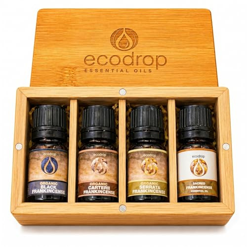 Ecodrop Frankincense Essential Oil Collection - 4X 5ml Bottle Set | Pure, Natural & Organic Therapeutic Grade Aromatherapy Boswellia Sacra, Serrata, Neglecta & Carteri Essential Oil Diffuser Gift Kit