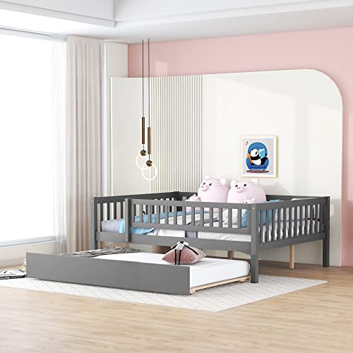 Merax Full Size Daybed with Trundle, Wood Full Bed Frame with Fence Guardrails, No Box Spring Needed, Gray