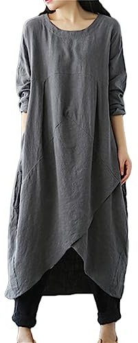 ORANDESIGNE Abito Lungo Donna Cotone e Lino Caftano Allentato a Maniche a 3/4 Abito Casual Oversize Elegante Girocollo Maxi Abito Strisce con Tasche Vestito Lino Spiaggia Estivo B Grigio L