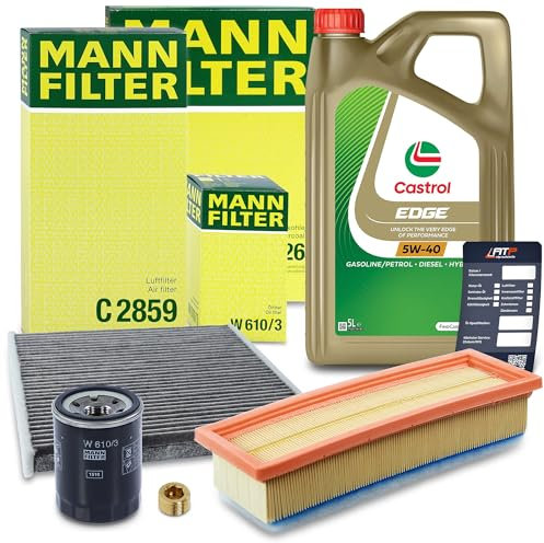 MANN-FILTER Inspektionspaket Filterset 1x Ölfilter, 1x Luftfilter, 1x Innenraumfilter (Aktivkohlefilter), 1x Motoröl 5W-40 5l Kompatibel mit FIAT 500 (312_), PANDA, FORD KA (RU8), LANCIA YPSILON