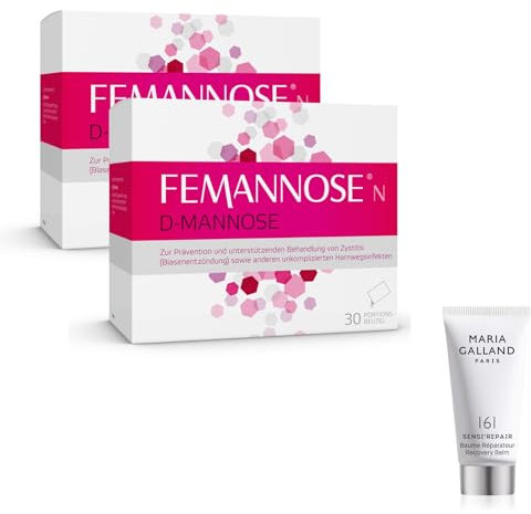 Femannose N – 2 x 30 Trinkgranulat mit je 2000 mg D-Mannose Pulver hochdosiert + gratis Maria Galland Tagespflege - zur Prävention & unterstützenden Behandlung von Blasenentzündung – antibiotikafrei