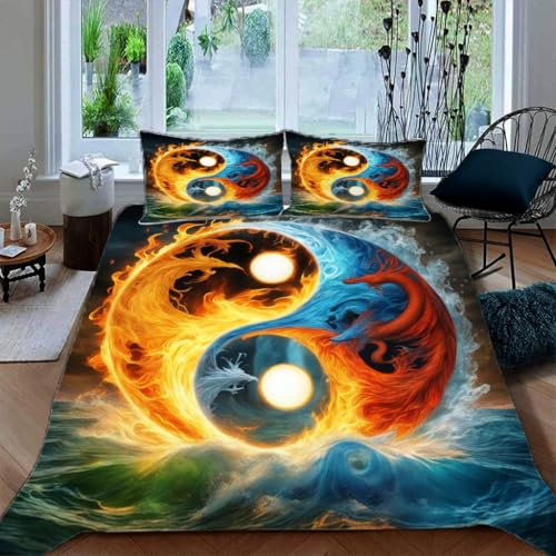Ruiqieor Bettwäsche 200x200cm,Yin Yang Tai Chi Wasser und Feuer Motiv Mädchen Teenager Microfaser Bettwäsche-Sets Mit 80X80 cm Kissenbezug,Kinder Bettbezug Mit Reißverschluss（#3）