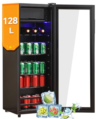 DRIXNO 128LKühlschrank,8L-Gefrierschrank+120L-Kühlschrank,fasst 94 Dosen Limonade, Wasser, Bier oder Wein. Geräuscharmer Betrieb,Kompressorkühlsystem, energieeffizient,verstellbare Einlegeböden
