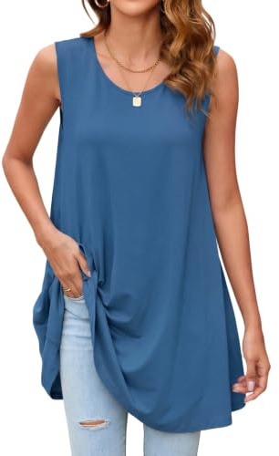 Enmain Blue Tank Tops for Women Ladies Sleeveless Tunic Tops Summer Long Vest for Leggings Plain Loose Casual Blouse Round Neck 3XL