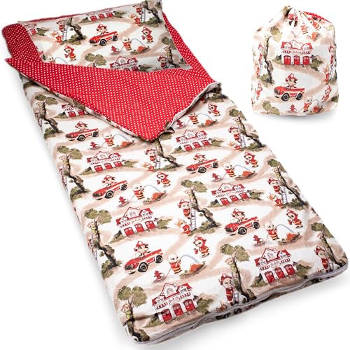 PinkZebra Kinder Schlafsack 170 x 70 cm + Kissenbezug 60 x 40 cm für Mädchen & Jungs, Kinderschlafsack für Outdoor Indoor, Öko-Tex, Baumwollschlafsack mit Doppelter Reißverschluss, Feuerwehr Tiere
