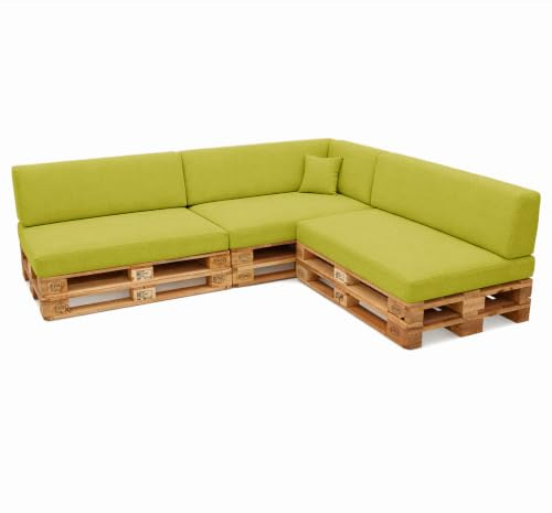 POKAR Euro Pallet Seating Set of 8: 3x seats 120x80cm + 3x back cushions 120x40cm+ 1x side cushion 60x40cm + 1x decorative pillow 40x40cm, cold foam, Garden Furniture, without pallets, Lime