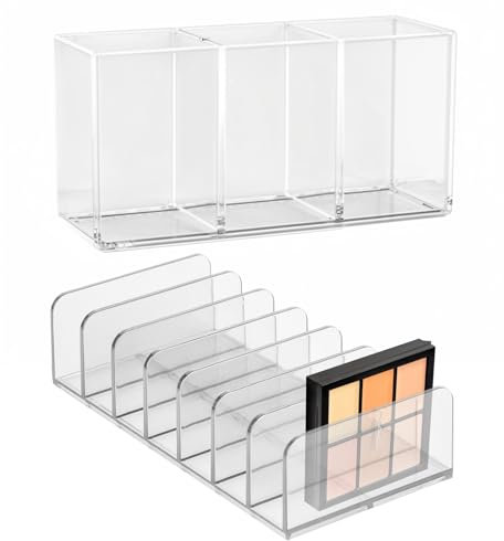 2pcs Acryl Make Up Organizer mit 3 Fächern - Schminktisch Organizer für Kosmetik, Pinselhalter für Make-Up Pinsel, Lippenstift, Eyeliner & Schminktisch Zubehör,Perfekt für Badezimmer & Schlafzimmer