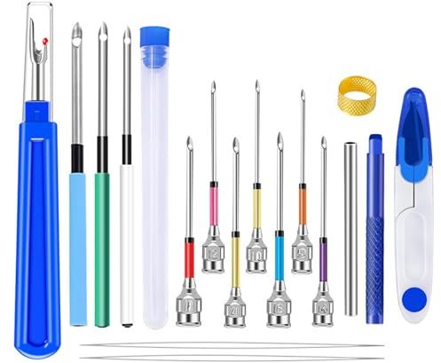 Kit de 18 aiguilles de poinçonnage pour adultes débutants avec enfile-aiguille, aiguilles à broder, poignée antidérapante, poignée ordinaire, ciseaux à fil, découseur, stylo à broder, doigtier