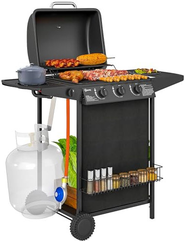 Barbacoa de gas de acero Outsunny, barbacoa de gas de 9,5 kW y 4 quemadores con tapa, termómetro, ruedas, mesa lateral, estante, especiero y bandeja recogegrasa, regulador, negro