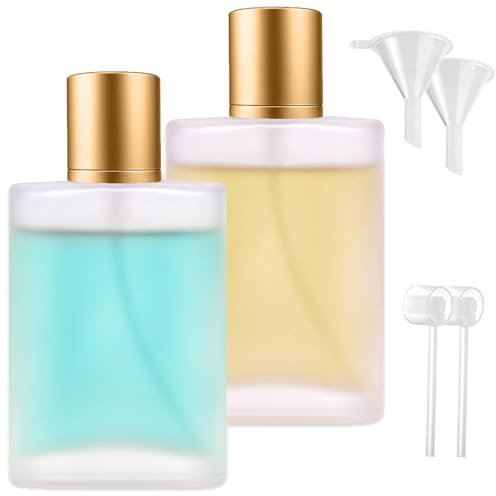 ARCPNRT Flacon Parfum Vide, 2 Pièces Flacon Vaporisateur Verre, 100 ml Carré Flacon en Verre Transparent, Vaporisateur de Parfum pour Voyage avec Entonnoir(Couvercle en or)