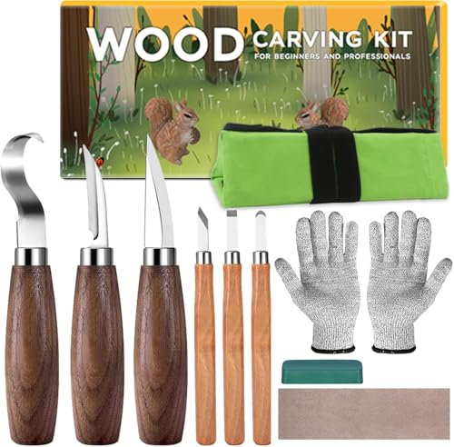 Strumenti Per Intaglio Del Legno 10 in 1, Kit Intaglio Legno include 6 Coltelli da Intaglio per Adulti, Bambini, Principianti, Guanti Resistenti al Taglio, Accessori per lucidatura, Borsa di Tela
