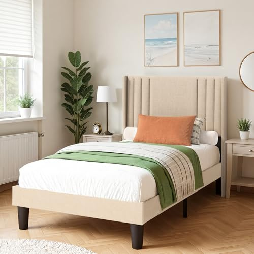 Blishom Cama Tapizada de 90 x 200 cm, Estructura Individual con Cabecero Acolchado y Somier de Láminas, Cama de Tela para Dormitorio de Adultos o Invitados, Estructura de Madera y Metal, Beige