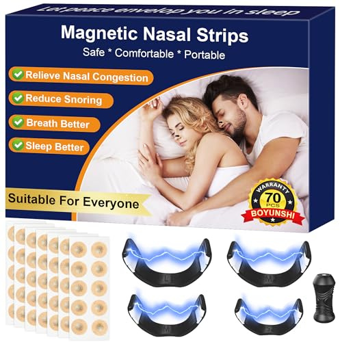 Magnetic Nose Strips, BOYUNSHI 70Pcs Nasal Strips for Breathing, Anti-Snoring Sleep Nose Strip, Comfort-Fit Skin-Safe Improve Sleep Quality Anti Snoring Devices Snoring Aids for Men & Women, 4 Size