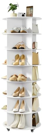 VEVOR Zapatero para 28 Pares de Zapatos, 7 Estantes y 4 Compartimentos, Giratorio 360°, con Ruedas Móviles, Ideal para Dormitorio, Sala de Estar o Recibidor Color Blanco, 598 x 598 x 1670 mm.