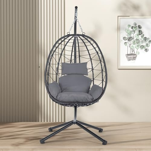 Sedia a uovo sospesa con supporto; elegante sedia a dondolo in vimini sintetico, resistente struttura in acciaio verniciato a polvere, lavabile in lavatrice, cuscino perfetto per patio, balcone e