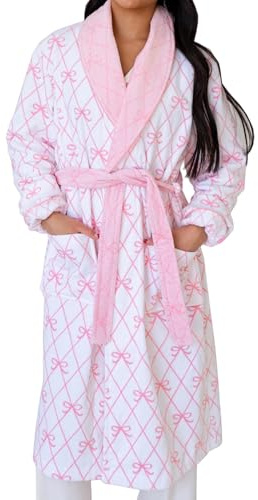 VISGOGO Bow Robes For Women Robe Lightweight Short Women Bathrobe Soft Ladies Cute Bathrobe With Pocket Pink And White (White, M)