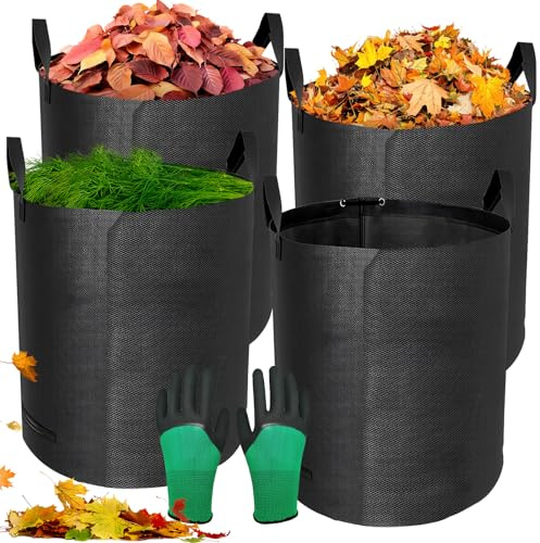 GRIRDDIV Sacchi per Rifiuti da Giardino Resistenti, 272L x 4Pacchi Sacchi da Giardino Riutilizzabili con Maniglie,incl Guanti, Antistrappo, Idrorepellente, Riutilizzabile, Pieghevole