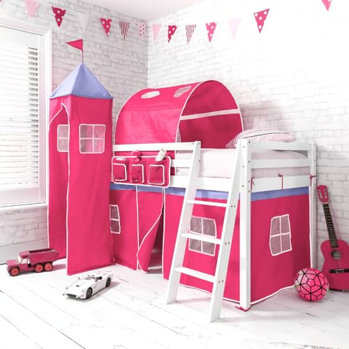 Pink Kids Cabin Bed Tent, Tower, Tunnel & Bed Tidy Set | Girls Midsleeper Accessory Pack | Fire Safe | Noa and Nani