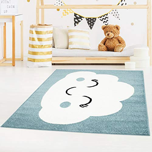 carpet city Wolkenteppich Blau Kinderzimmer - 140x200 cm - Kinderteppich Wolke für Jungen und Mädchen