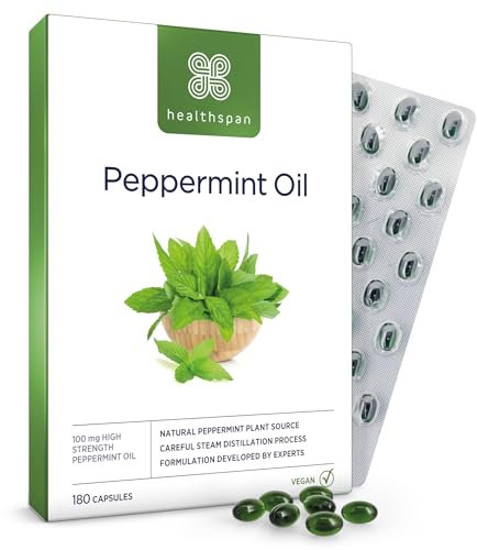 Healthspan Hochdosiertes Pfefferminzöl 100 mg | Unterstützt eine gesunde Verdauung und das Wohlbefinden | Hochwertige Qualität für maximale Wirksamkeit und Reinheit | Vegan | 180 Kapseln