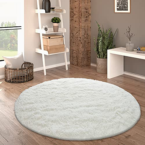 Paco Home Hochflor Teppich Rund Wohnzimmer Schlafzimmer rutschfest Shaggy Modern Flauschig Einfarbig Langflor Kunstfell, Grösse:160 cm Rund, Farbe:Weiß
