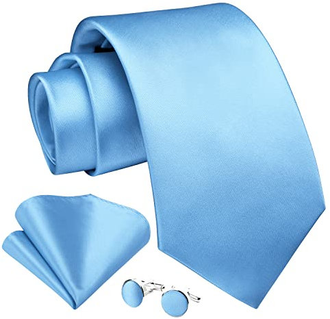 Enlision Hellblau Krawatte Herren Seide Hochzeit Krawatten und Einstecktuch mit Manschettenknöpfe Set Elegant Einfarbig Seidenkrawatte mit Taschentuch Business Party