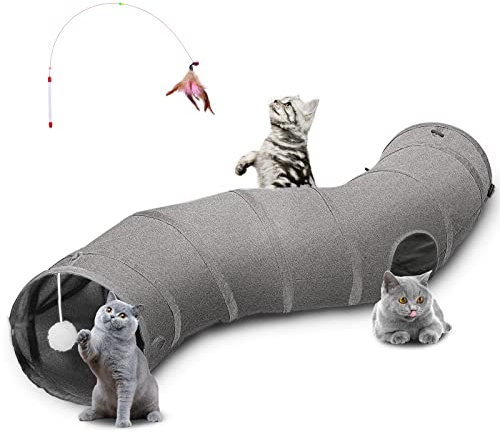 Ownpets Katzentunnel aus robustem Oxford-Gewebe, S-förmige Faltbare Katzentunnel für drinnen, interaktive Aussichtsloch-Haustier-Tunnelschläuche mit Katzenstabspielzeug