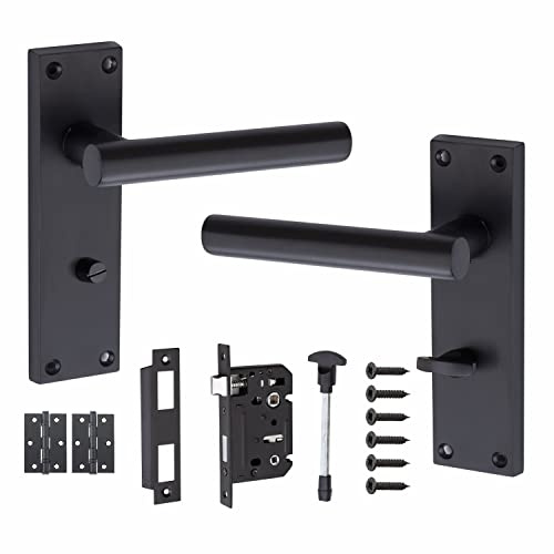 T-Bar Lever Backplate Black Door Handle Complete Pack with Latch Lock, 1 Pair of 3 Ball Bearing Hinges, Key Lock Set - Matt Black Finish (Bathroom Pack)