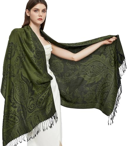 Gragengs Pashmina Écharpe enveloppante avec cachemire ethnique deux tons Jacquard pour femme, Vert cachemire, taille unique