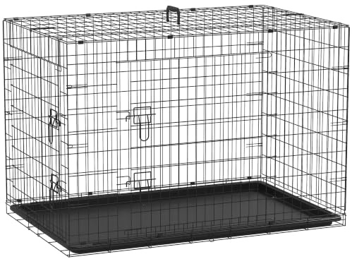 PawHut Vikbar hundbur i metall i stål, 2 låsbara dörrar, avtagbar bricka, hundtransportbur 121 x 77 x 82 cm, svart