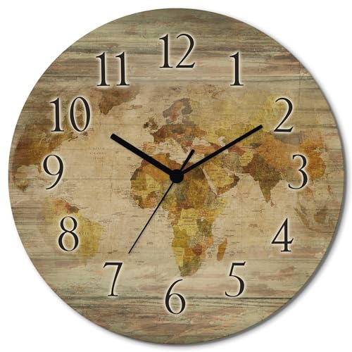ARTLAND Wanddeko Wanduhr ohne Tickgeräusche aus Holz Quarzuhr lautlos rund Ø 30 cm Weltkarte T9NI Landschaften