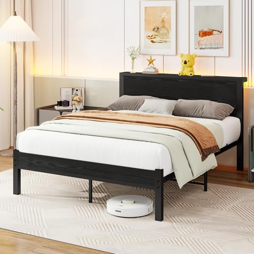 Diahomy Struttura letto matrimoniale in metallo con testiera in legno/base materasso/contenitore sotto il letto/senza bisogno di molle/nero
