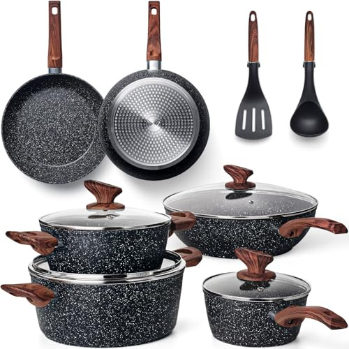 Topfset 12-teilig mit Antihaftbeschichtung - Kochtopf Set mit Deckel - Induktions Töpfe Set - Töpfe & Pfannen Set für Alle Herdarten - Kochgeschirr für Gasherd & Ceranfeld (Granite)